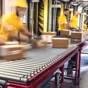 Workers sorting packages which are moving on a conveyor belt, in a distribution warehouse.