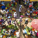 Bird’s eye view of a colourful, bustling vegetable market in Assomada, Santiago Island, Cape Verde.
